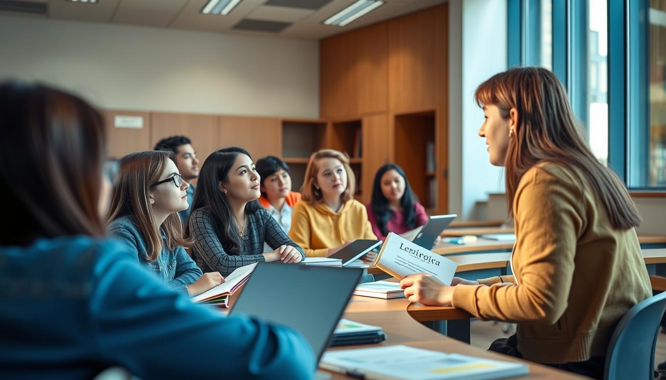 Students studying together in modern classroom